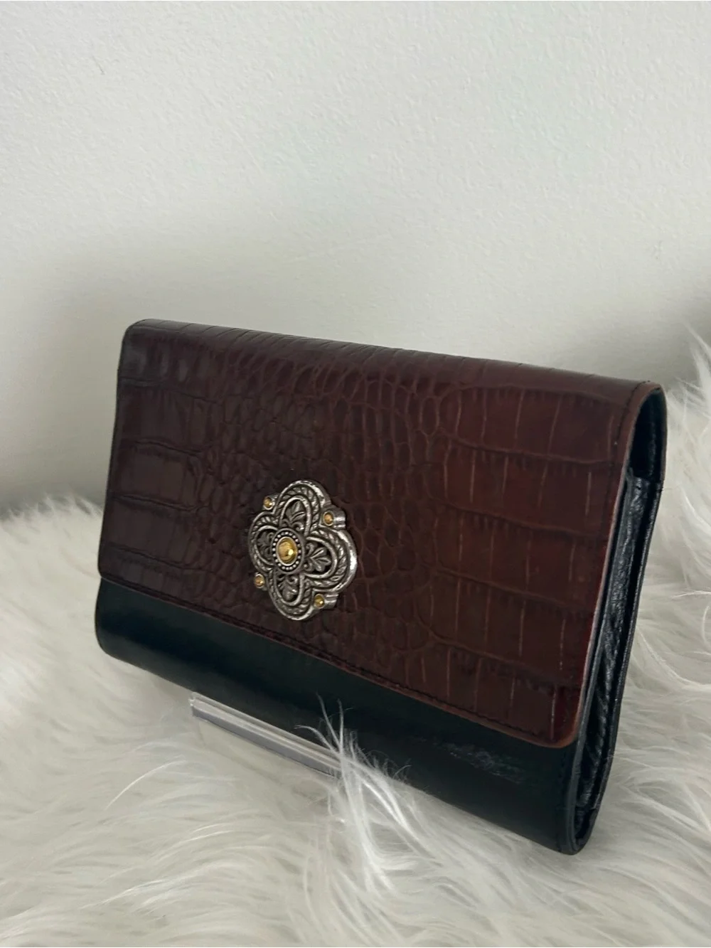 Brighton Brown Croc Embossed Black Leather Organizer Wallet Clutch